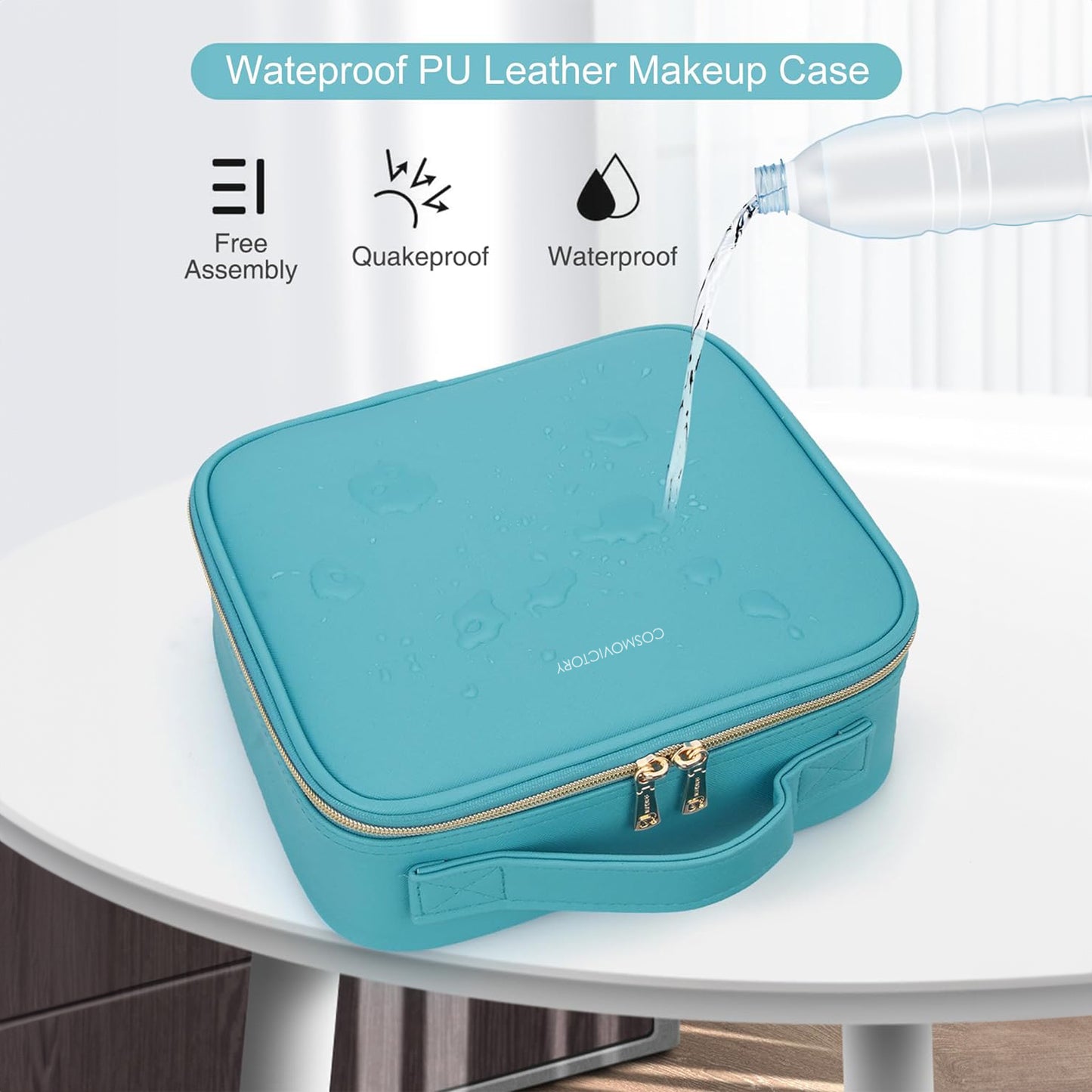 Makeup Train Case - Portable Cosmetic Organizer with Adjustable Dividers, Teal